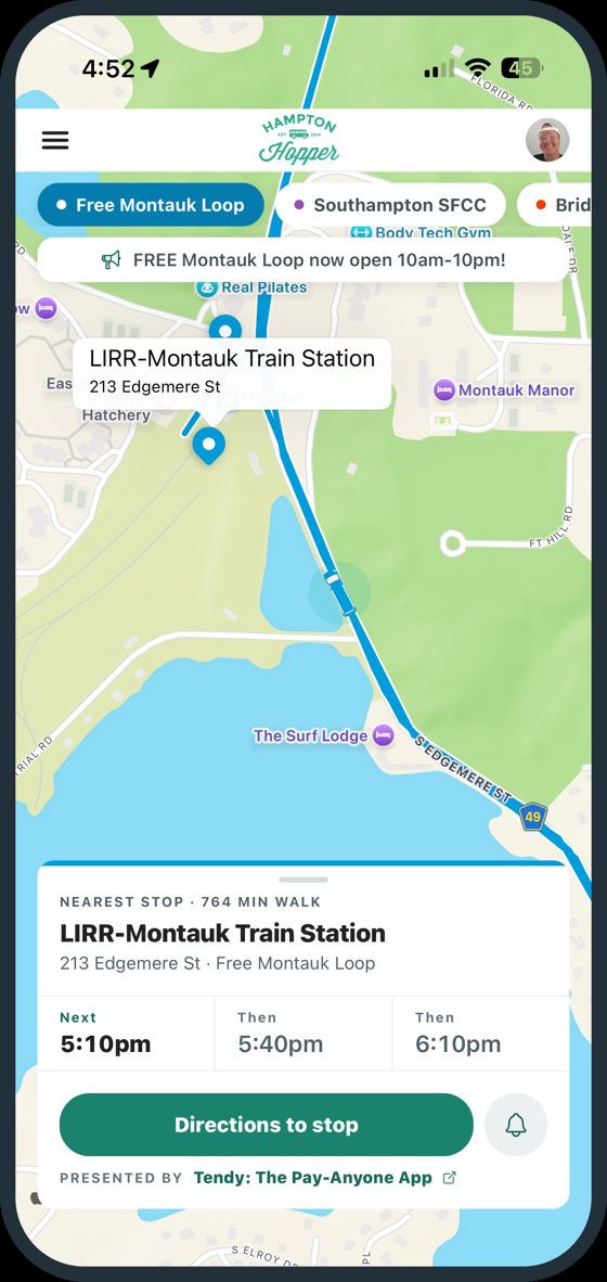 Hampton Hopper app live map with a presented-by sponsor